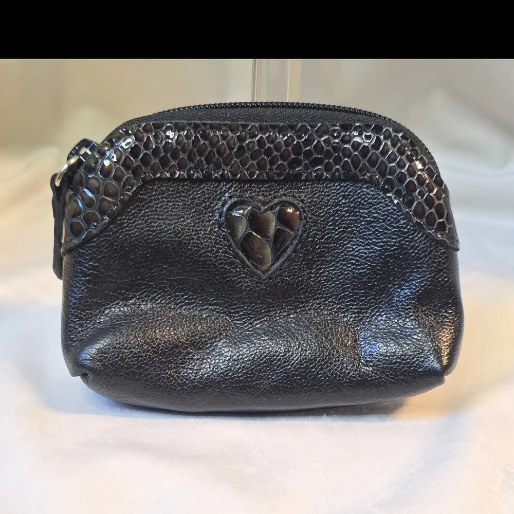 Brighton Black Heart Accent Zip-Around Coin Wallet with Animal Print Lining